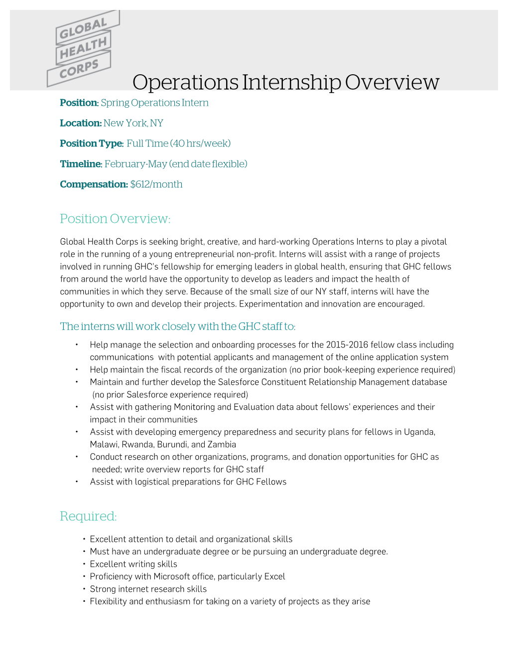 Operations Internship Overview Position: Spring Operations Intern