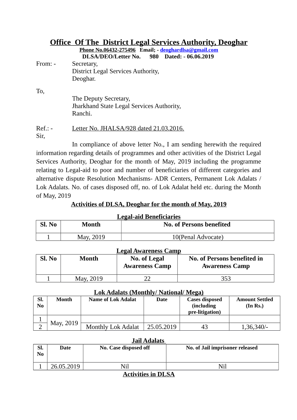 Activities of DLSA for the Month May 2019