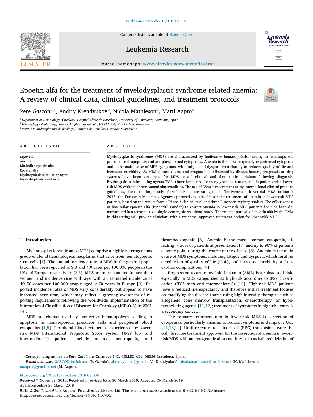 Epoetin Alfa for the Treatment of Myelodysplastic Syndrome-Related