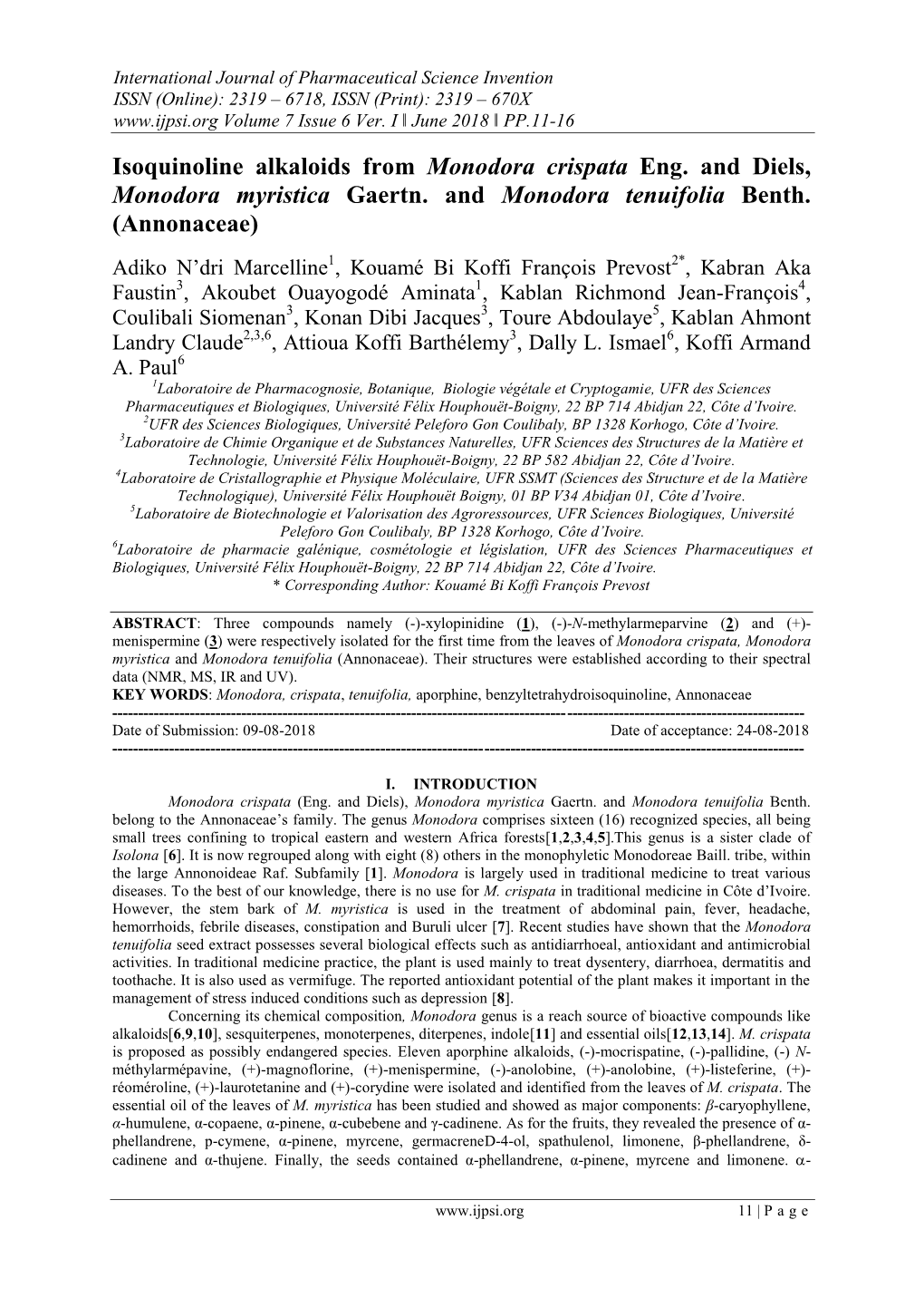 Isoquinoline Alkaloids from Monodora Crispata Eng. and Diels, Monodora Myristica Gaertn