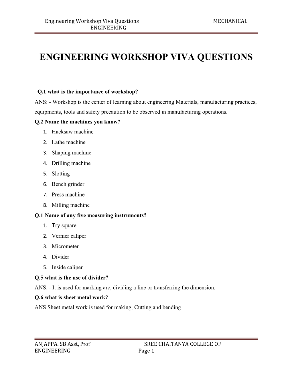 Engineering Workshop Viva Questions MECHANICAL ENGINEERING