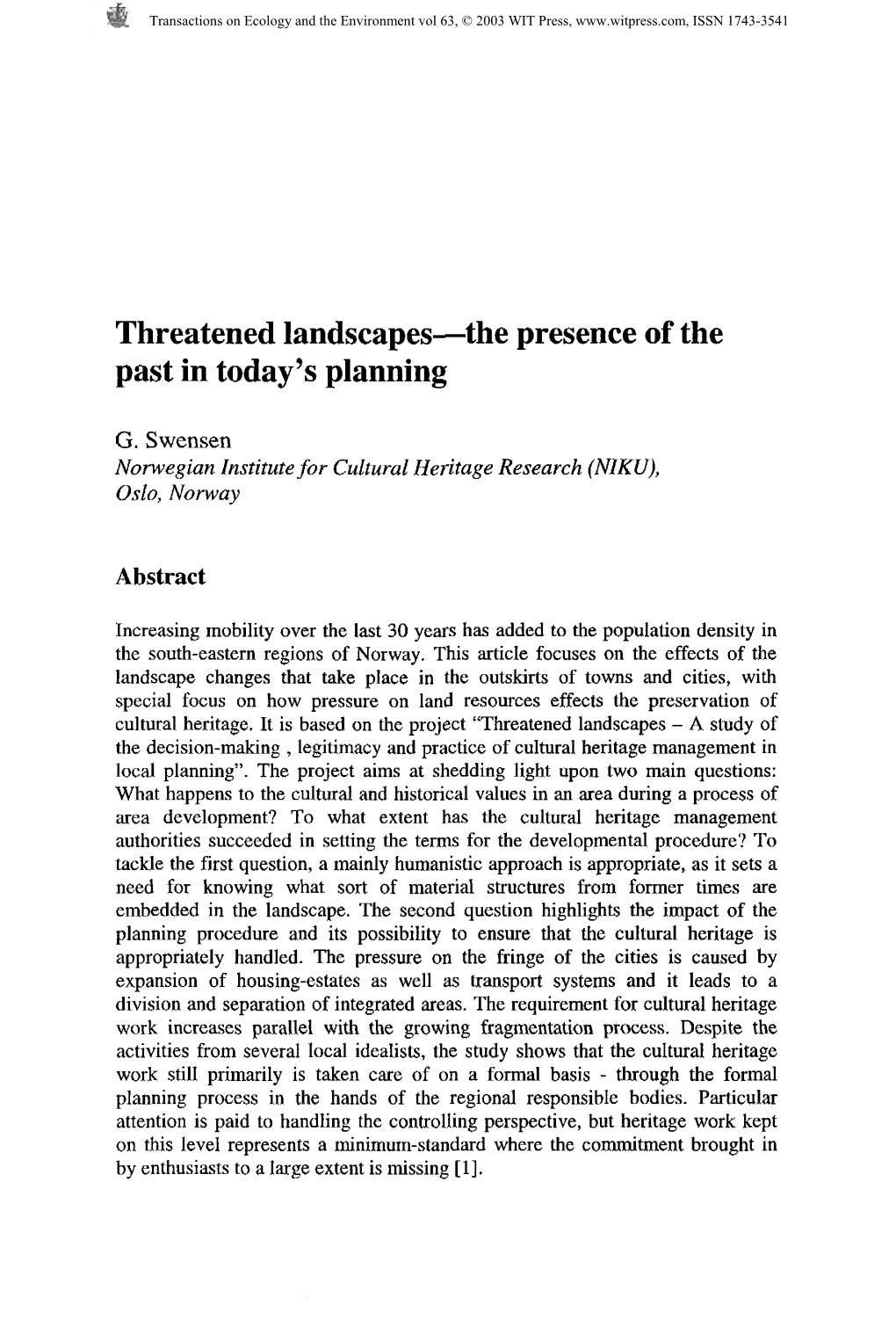 Threatened Landscapes-The Presence of the Past in Today's Planning