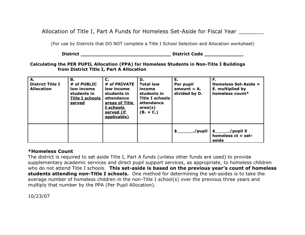 Allocation of Title I a Funds to Private, Non Profit Schools for Fiscal Year ______