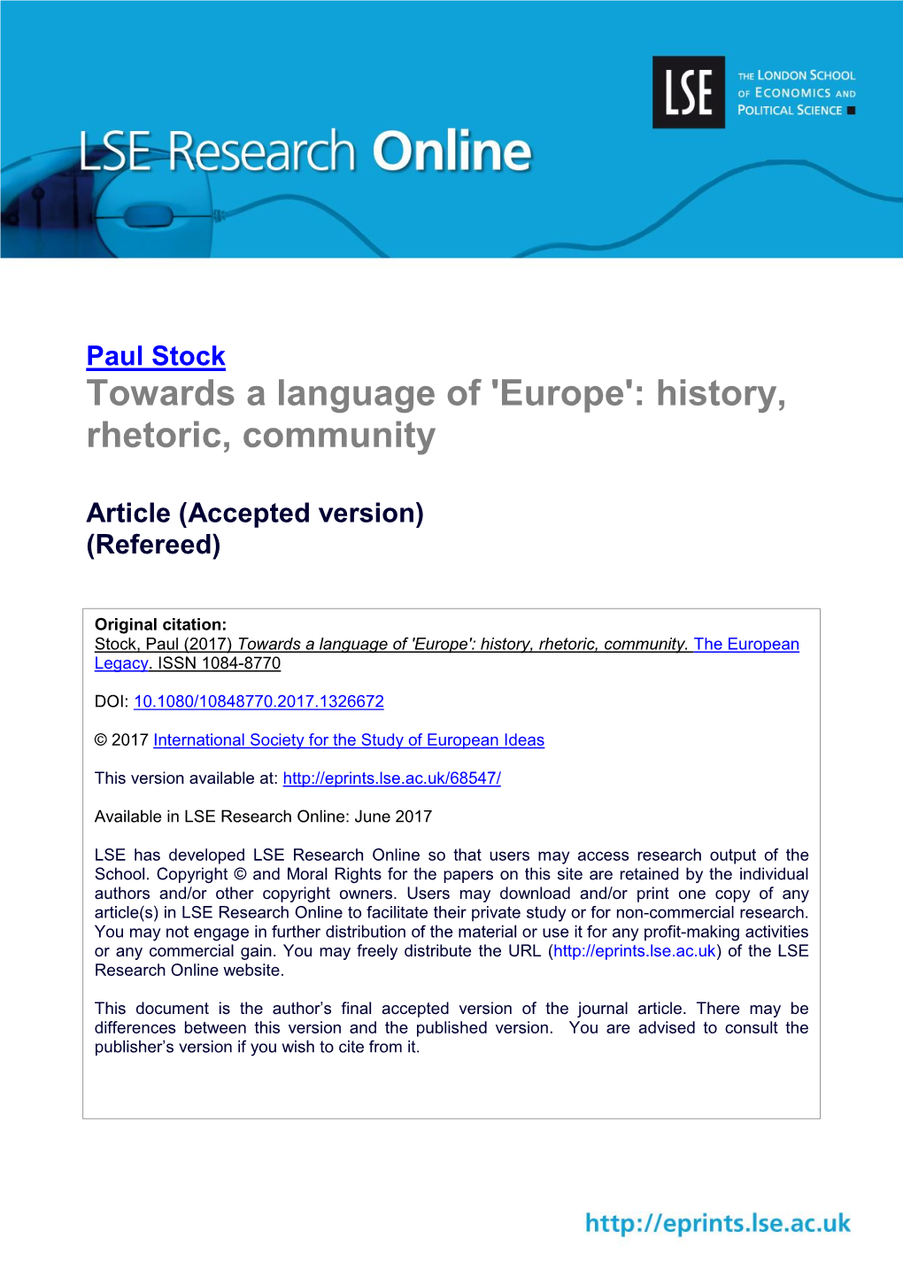 Towards a Language of 'Europe': History, Rhetoric, Community