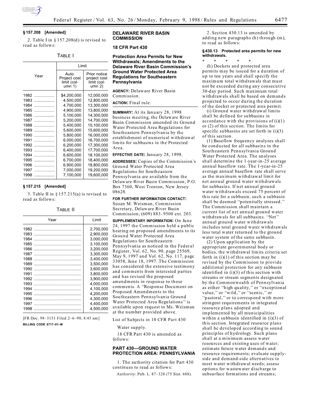 Federal Register/Vol. 63, No. 26/Monday, February 9