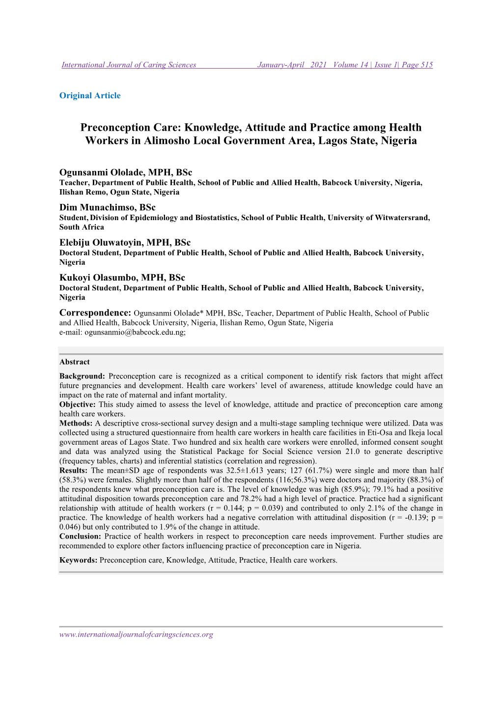 Preconception Care: Knowledge, Attitude and Practice Among Health Workers in Alimosho Local Government Area, Lagos State, Nigeria