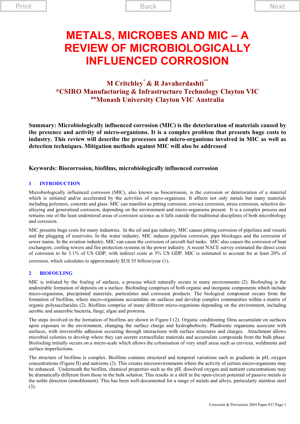 Metals, Microbes and Mic – a Review of Microbiologically Influenced Corrosion