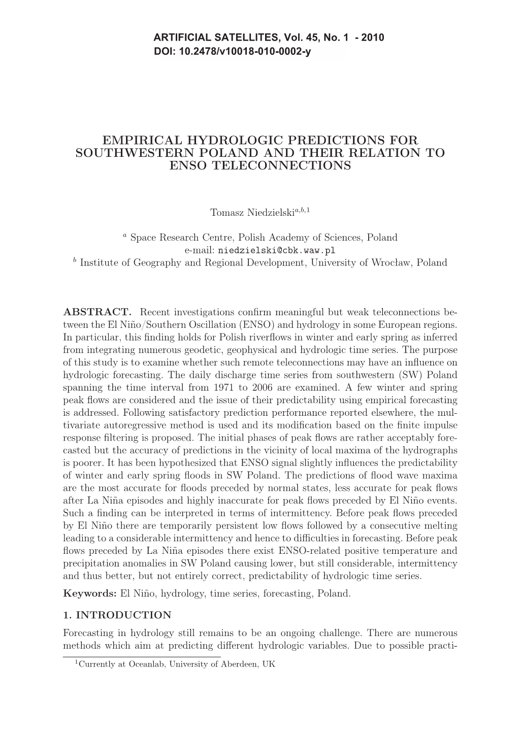 Empirical Hydrologic Predictions for Southwestern Poland and Their Relation to Enso Teleconnections