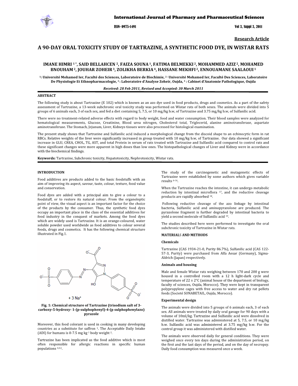 A 90-Day Oral Toxicity Study of Tartrazine, a Synthetic Food Dye, In