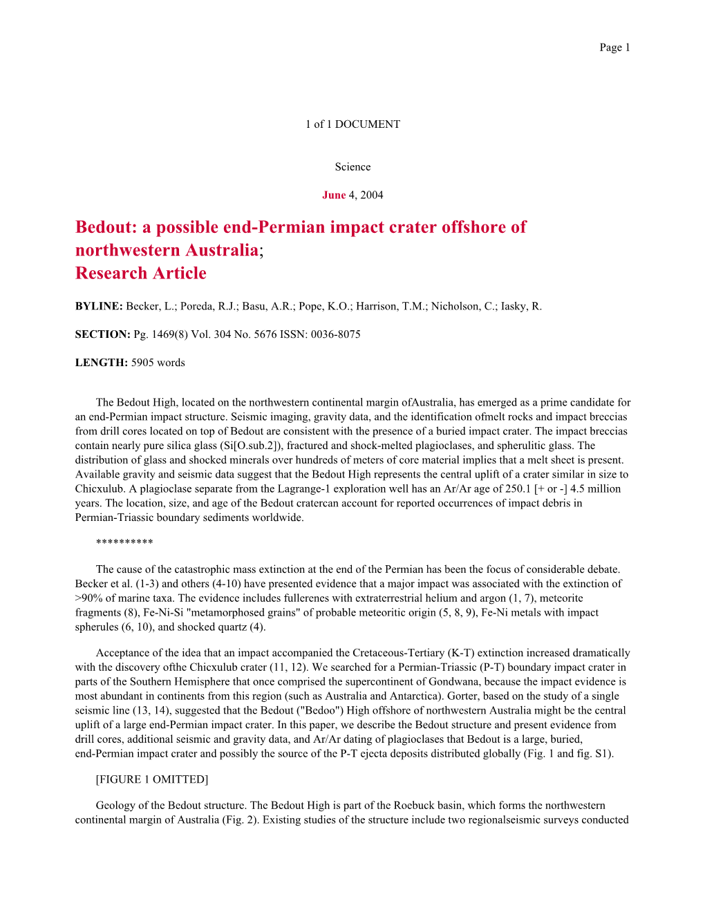 A Possible End-Permian Impact Crater Offshore of Northwestern Australia; Research Article