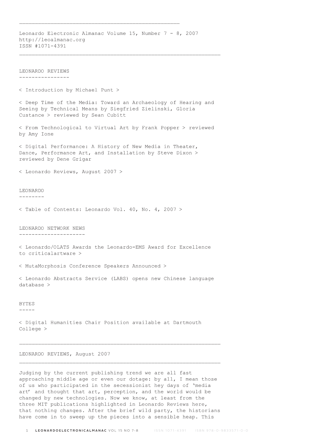 Leonardo Electronic Almanac Volume 15, Number 7 - 8, 2007 ISSN #1071-4391 ______