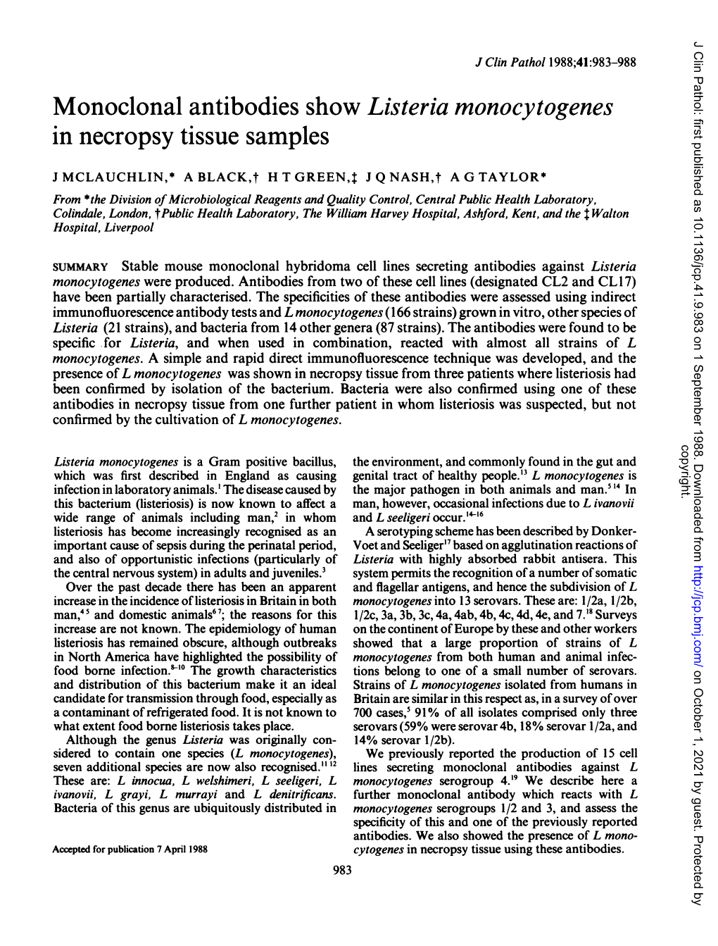 Monoclonal Antibodies Show Listeria Monocytogenes in Necropsy Tissue Samples
