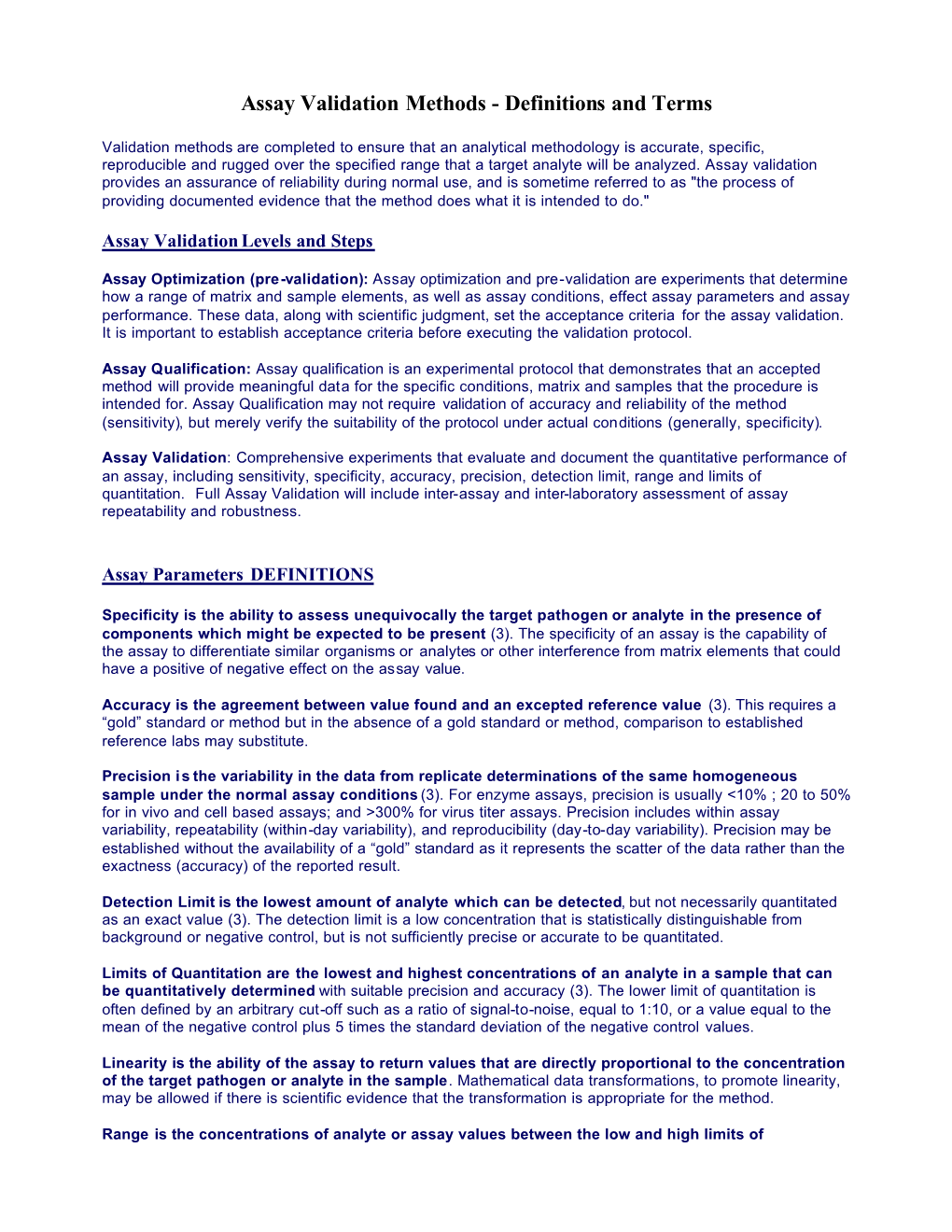 Assay Validation Methods - Definitions and Terms