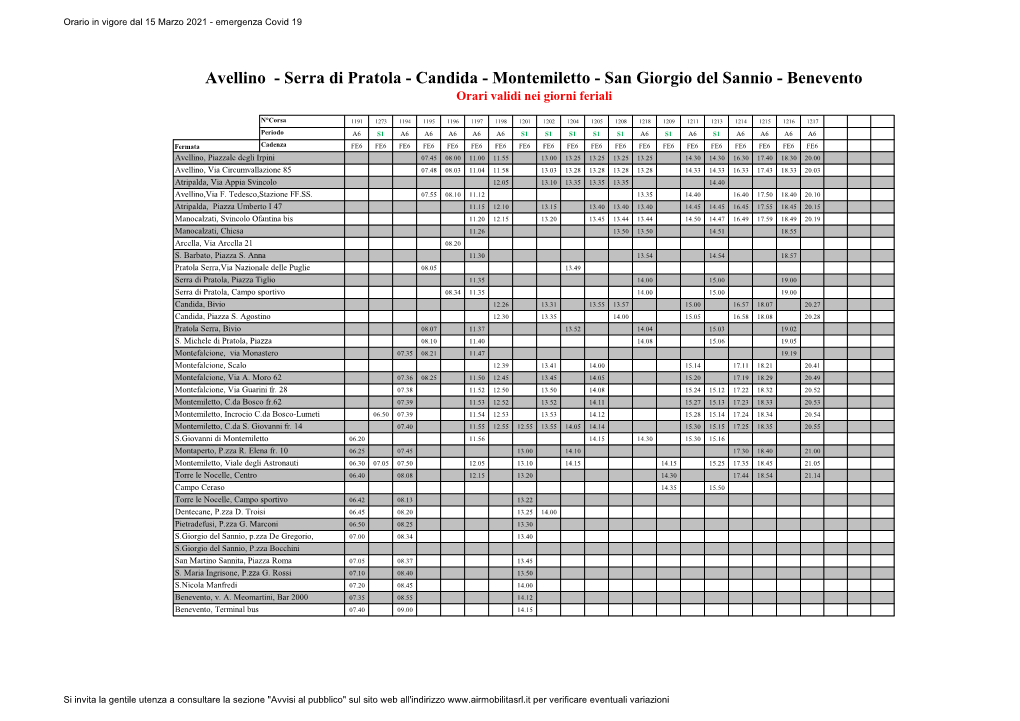Avellino - Serra Di Pratola - Candida - Montemiletto - San Giorgio Del Sannio - Benevento Orari Validi Nei Giorni Feriali