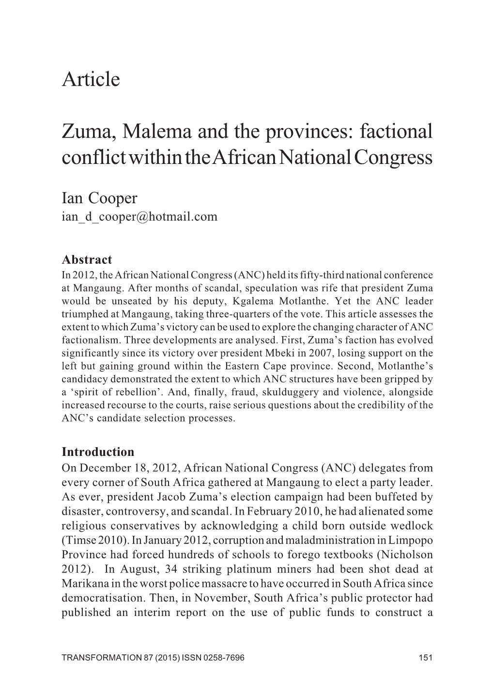Article Zuma, Malema and the Provinces