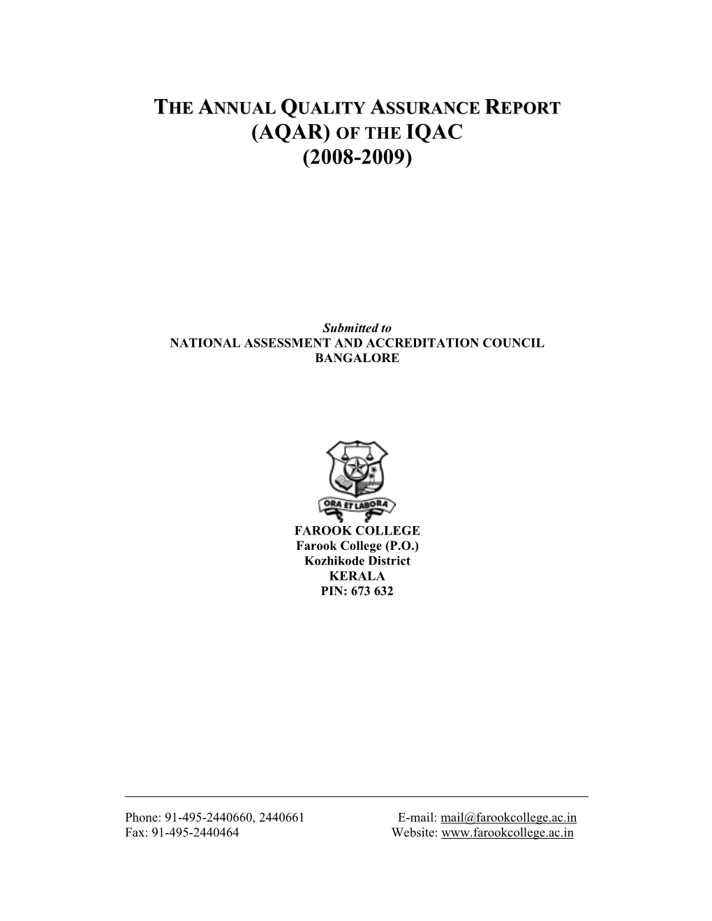 The Annual Quality Assurance Report (Aqar) of the Iqac (2008-2009)