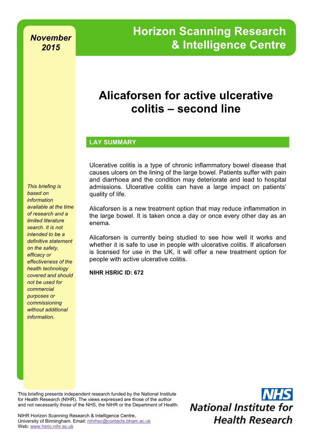 Alicaforsen for Active Ulcerative Colitis – Second Line