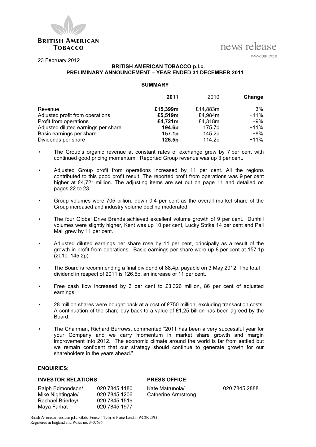 News Release 23 February 2012 BRITISH AMERICAN TOBACCO P.L.C