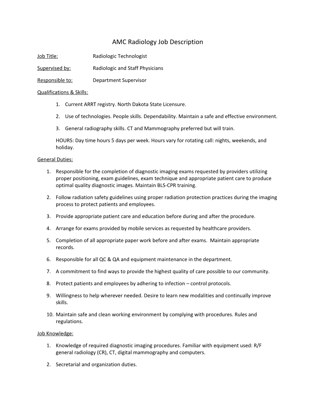 AMC Radiology Job Description