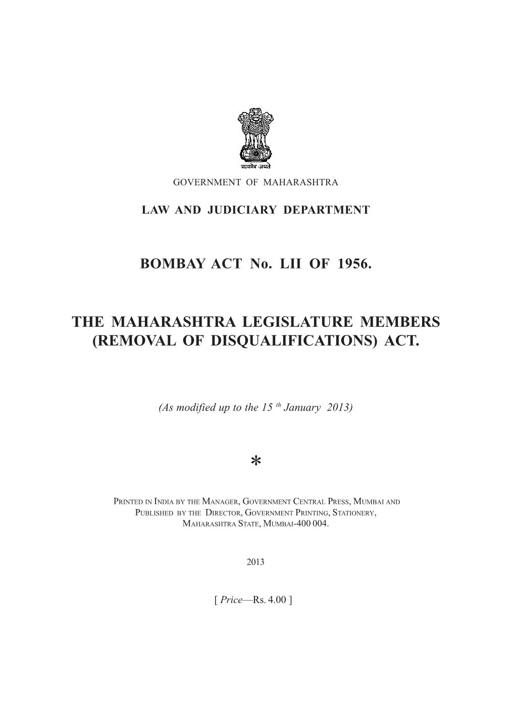 BOMBAY ACT No. LII of 1956. the MAHARASHTRA LEGISLATURE