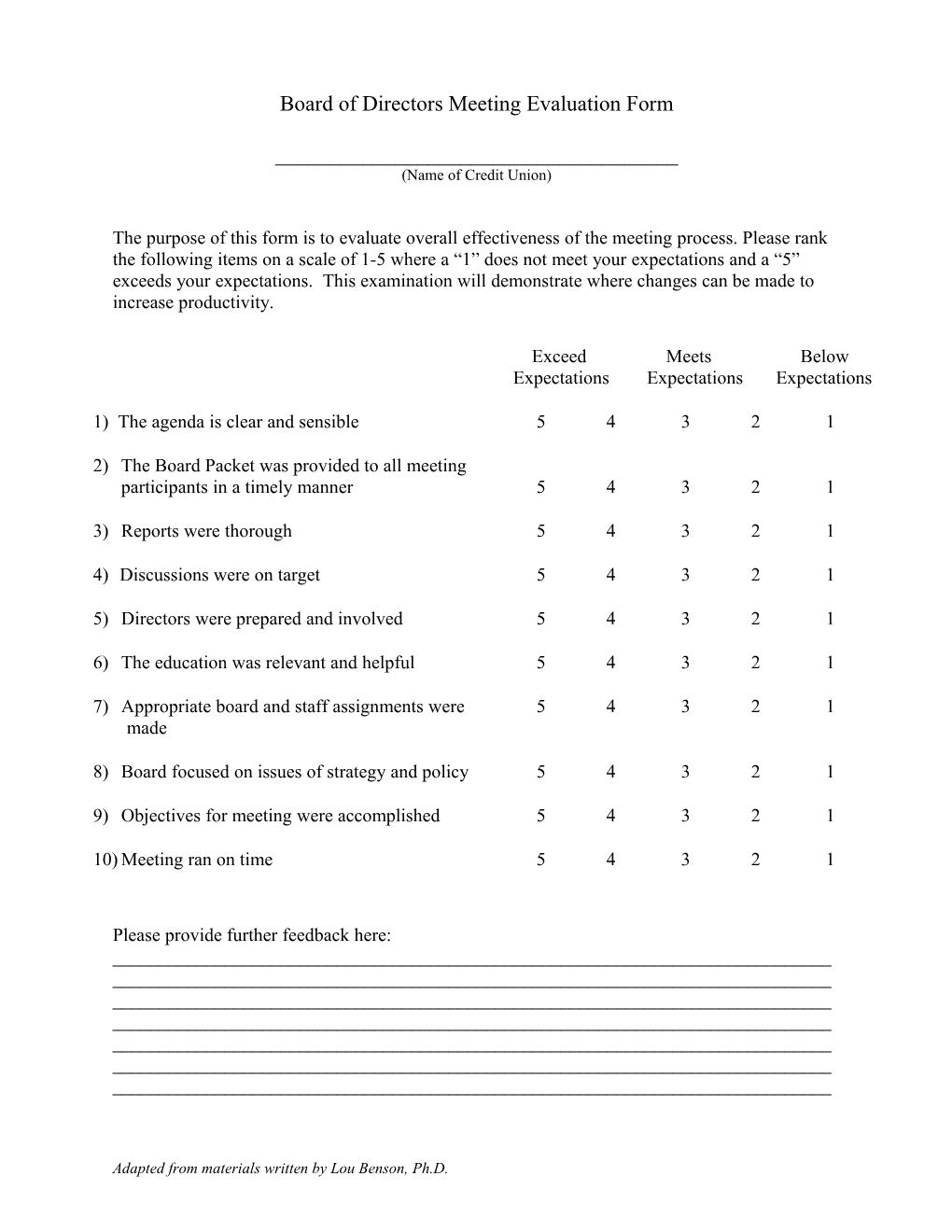 Board Of Directors Meeting Evaluation Form