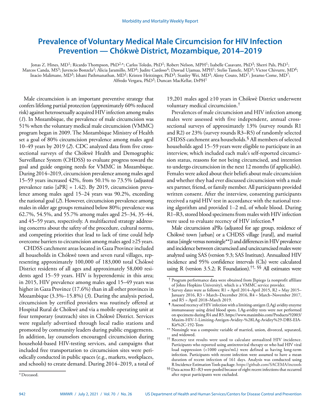 Prevalence of Voluntary Medical Male Circumcision for HIV Infection Prevention — Chókwè District, Mozambique, 2014–2019