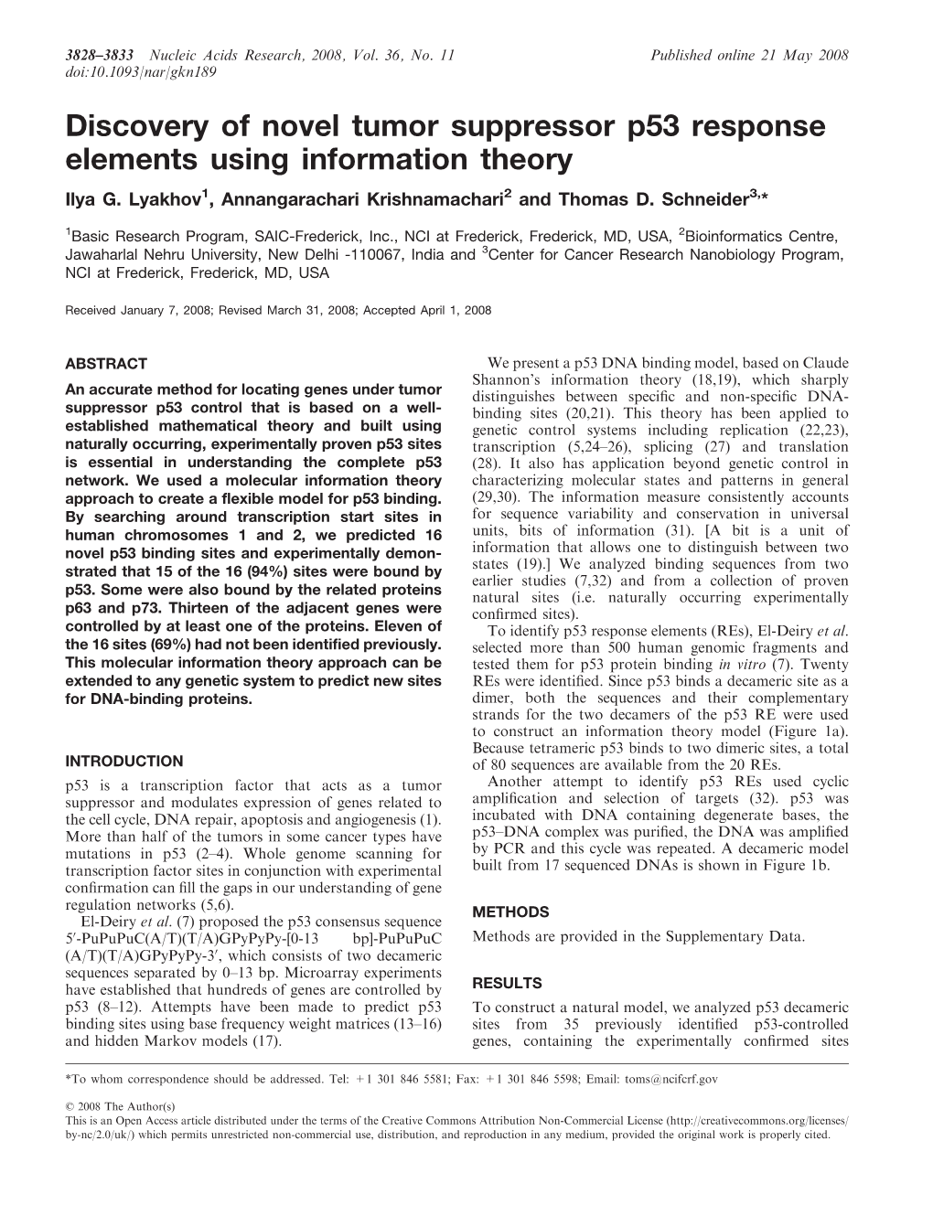 Discovery of Novel Tumor Suppressor P53 Response Elements Using Information Theory Ilya G