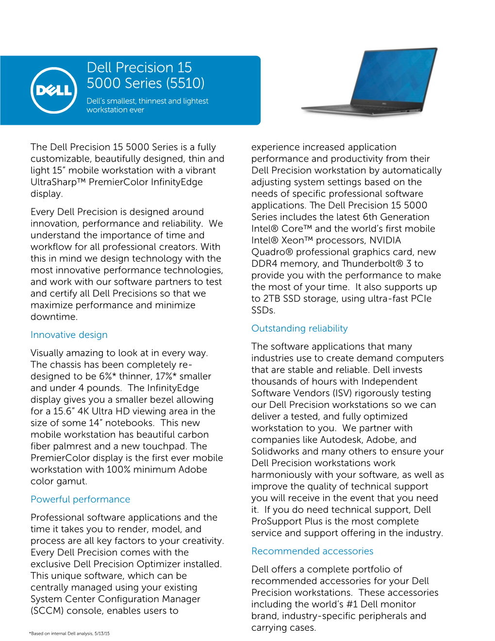 Dell Precision 15 5000 Series (5510) Dell’S Smallest, Thinnest and Lightest Workstation Ever