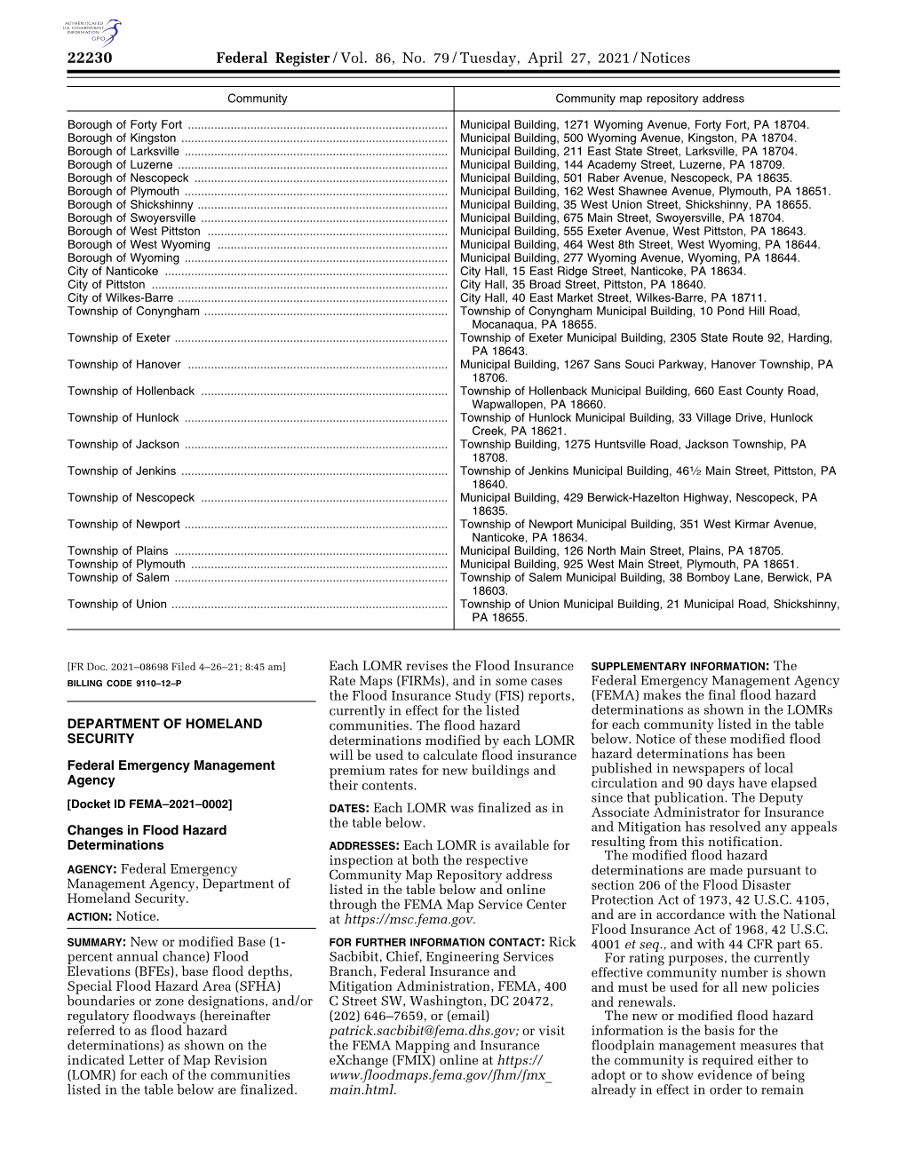 Federal Register/Vol. 86, No. 79/Tuesday, April 27, 2021/Notices