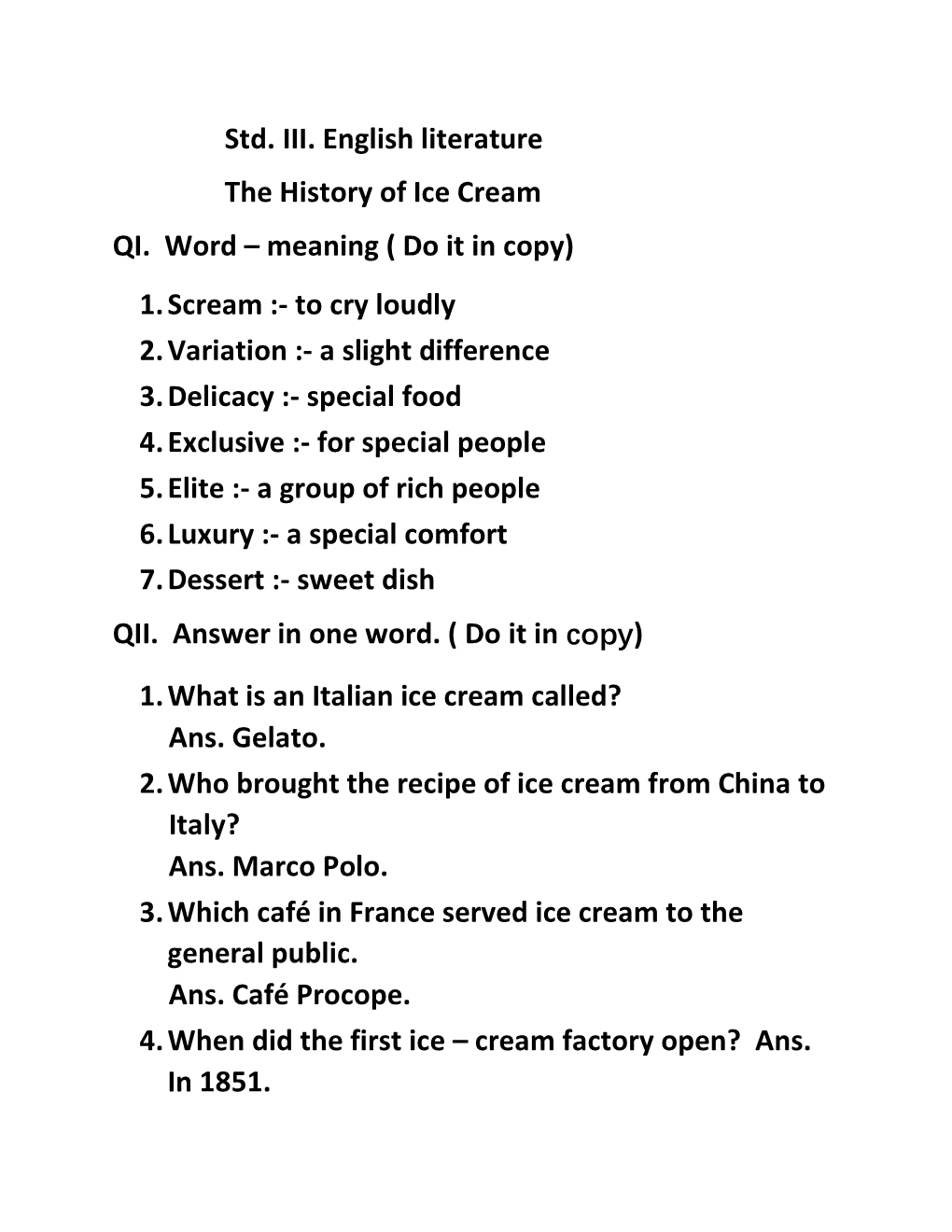 Std. III. English Literature the History of Ice Cream QI. Word – Meaning ( Do It in Copy)