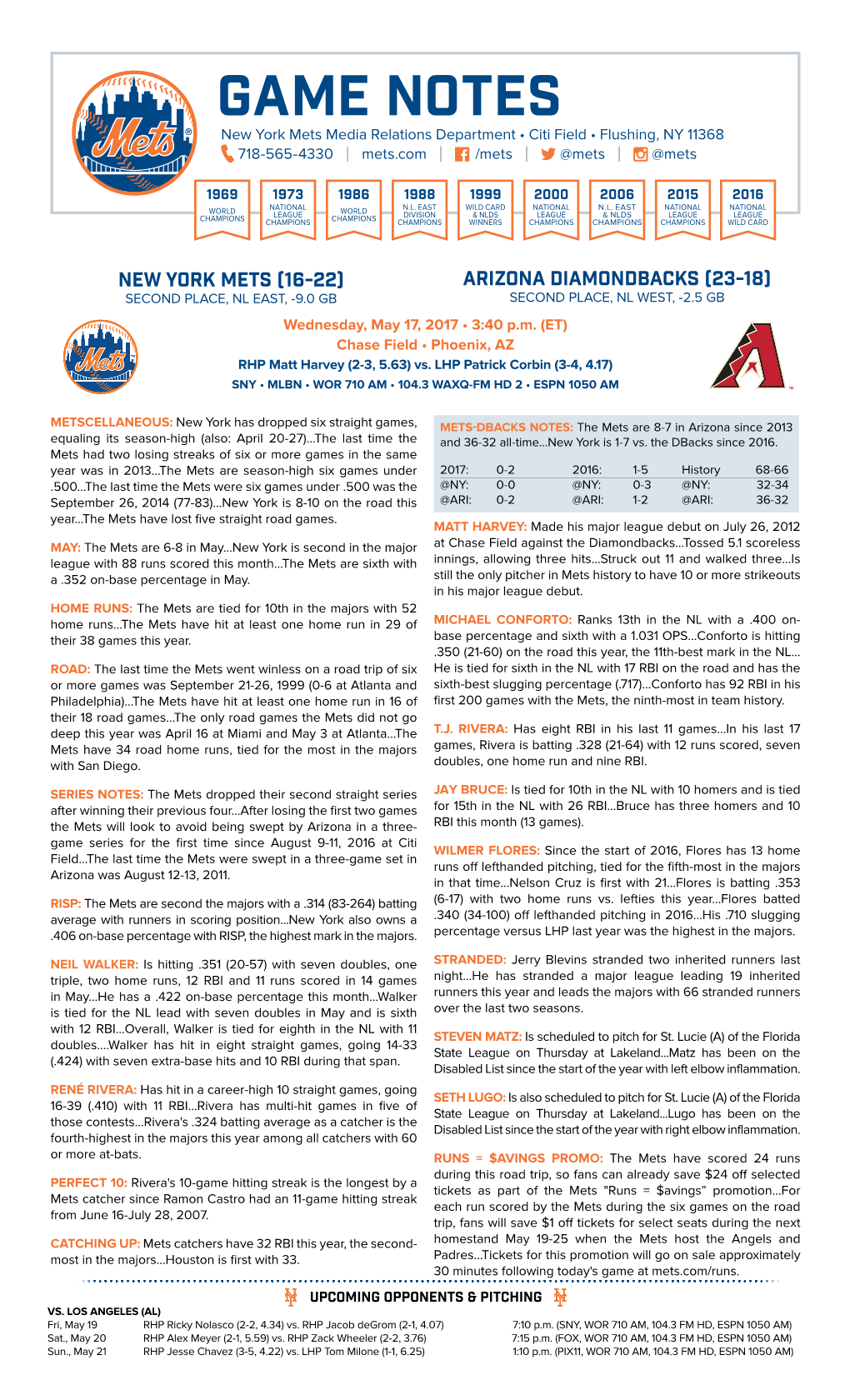 GAME NOTES New York Mets Media Relations Department • Citi Field • Flushing, NY 11368 718-565-4330 | Mets.Com | /Mets | @Mets | @Mets