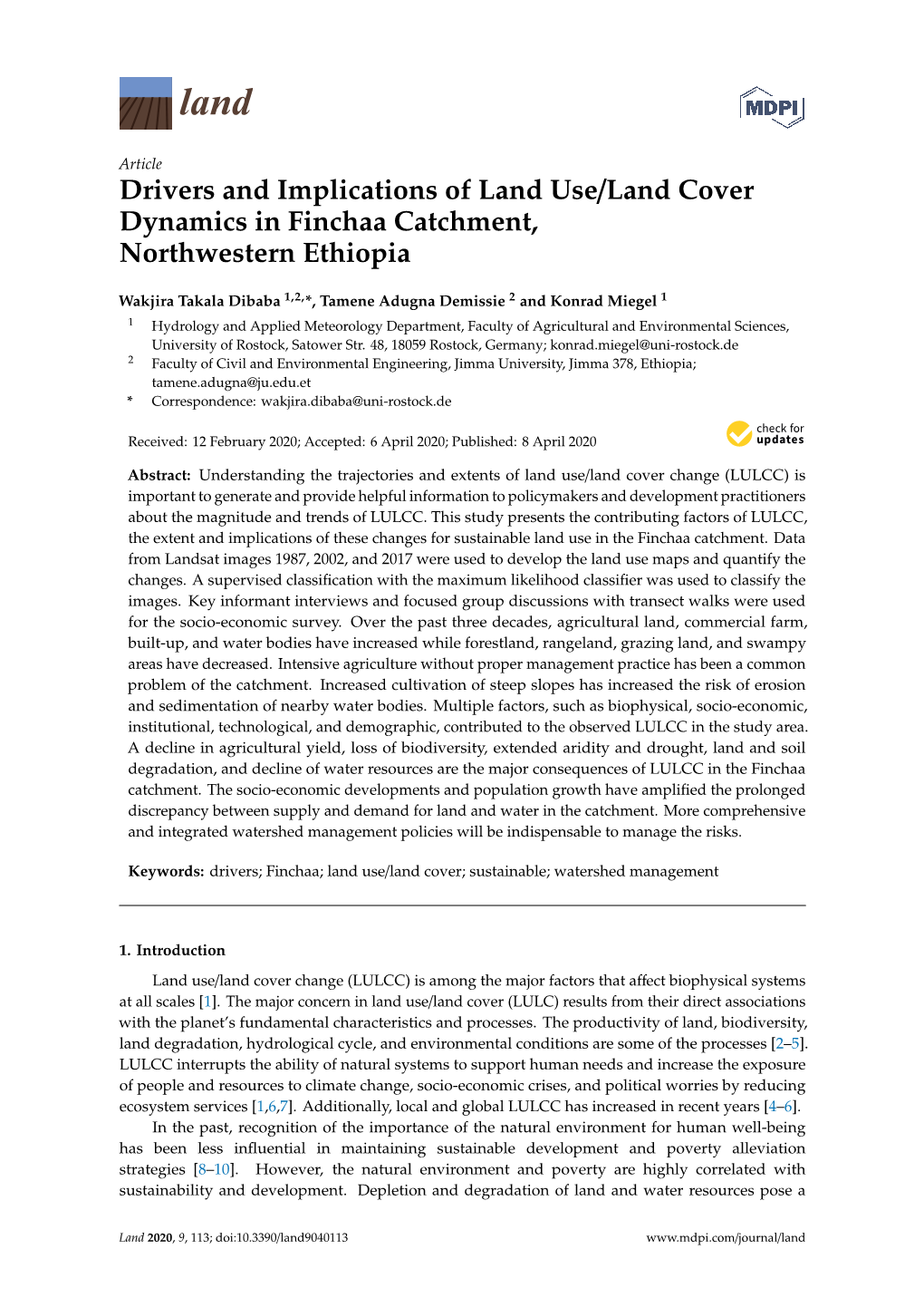 Drivers and Implications of Land Use/Land Cover Dynamics in Finchaa Catchment, Northwestern Ethiopia