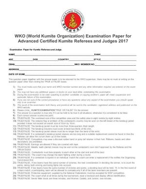 WKO (World Kumite Organization) Examination Paper for Advanced Certified Kumite Referees and Judges 2017