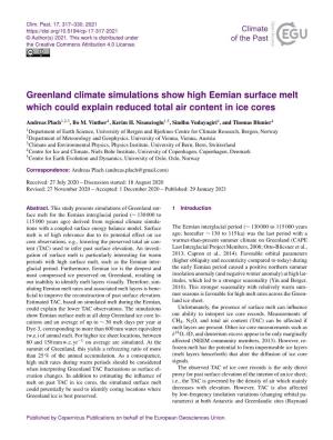 Greenland Climate Simulations Show High Eemian Surface Melt Which Could Explain Reduced Total Air Content in Ice Cores