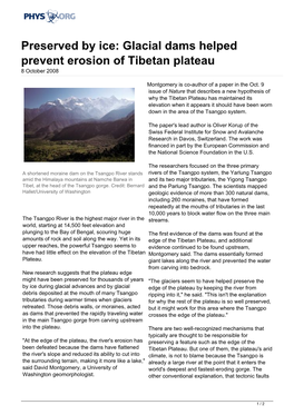 Glacial Dams Helped Prevent Erosion of Tibetan Plateau 8 October 2008