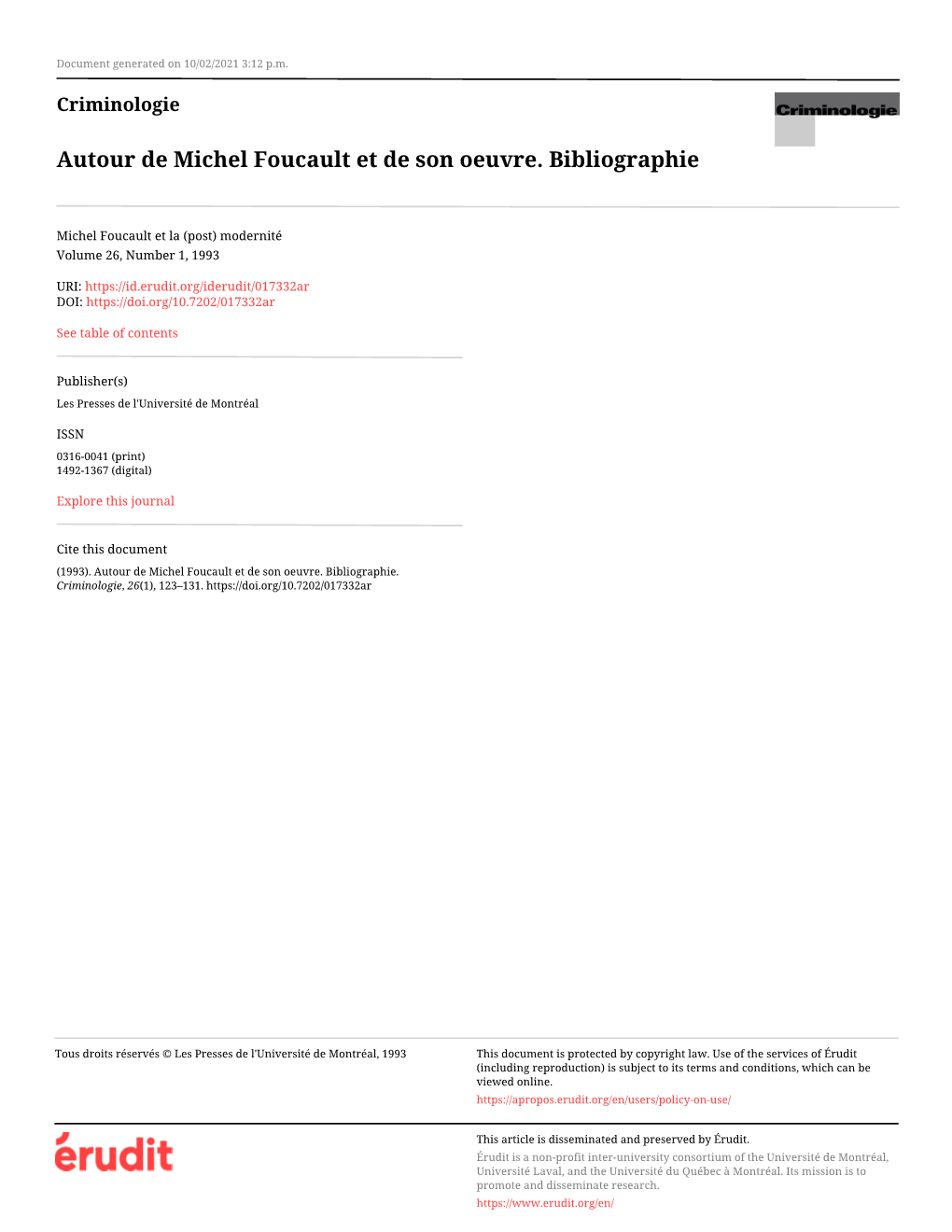 Autour De Michel Foucault Et De Son Oeuvre. Bibliographie