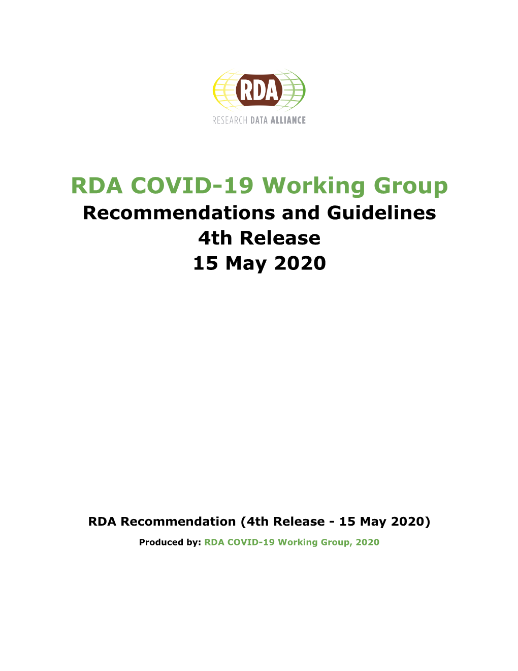 RDA COVID-19 Working Group Recommendations and Guidelines 4Th Release 15 May 2020