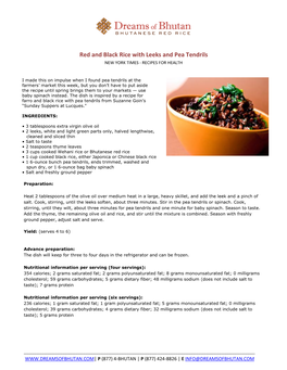 Red and Black Rice with Leeks and Pea Tendrils NEW YORK TIMES - RECIPES for HEALTH
