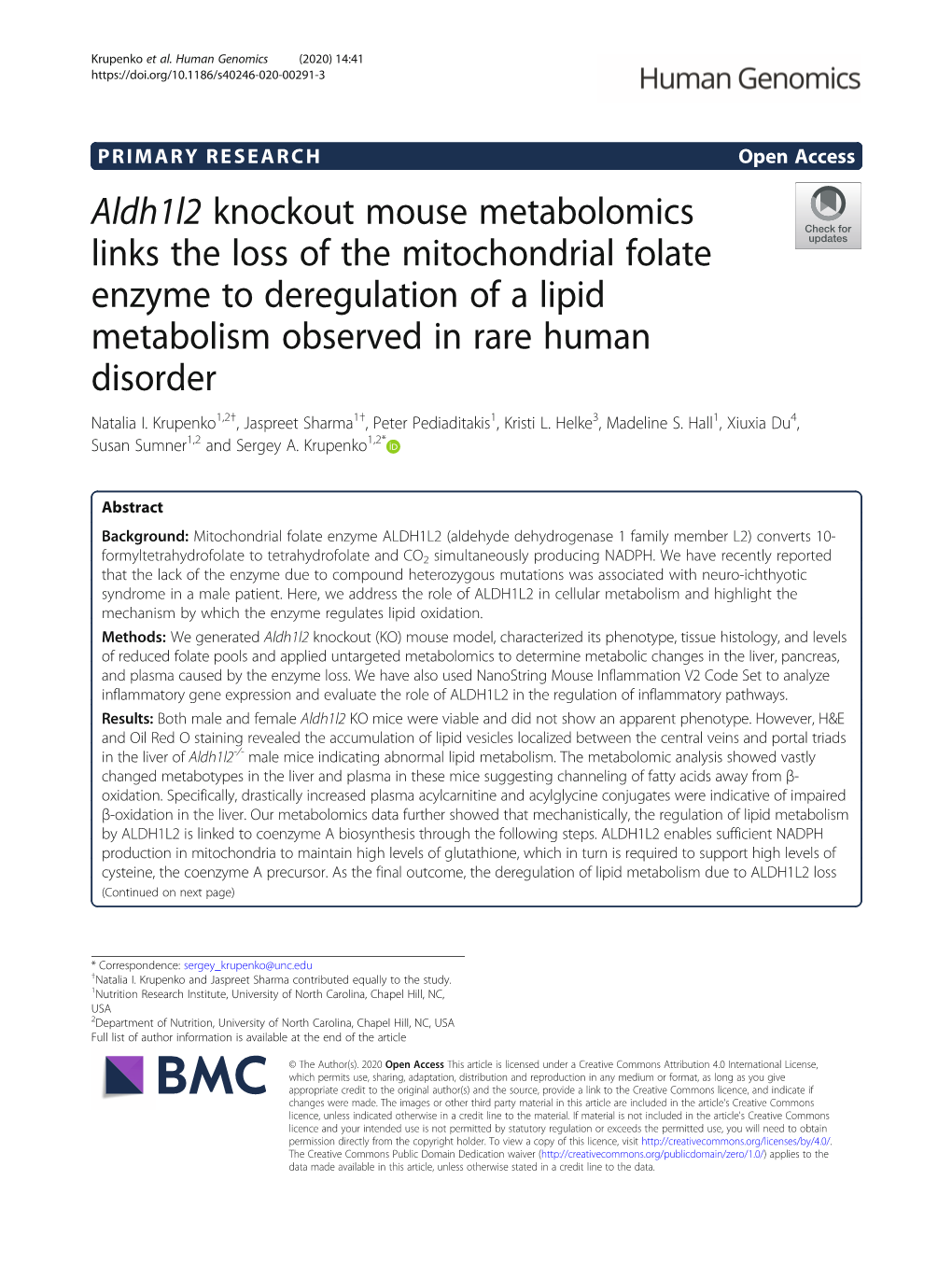 Aldh1l2 Knockout Mouse Metabolomics Links the Loss of the Mitochondrial Folate Enzyme to Deregulation of a Lipid Metabolism Observed in Rare Human Disorder Natalia I