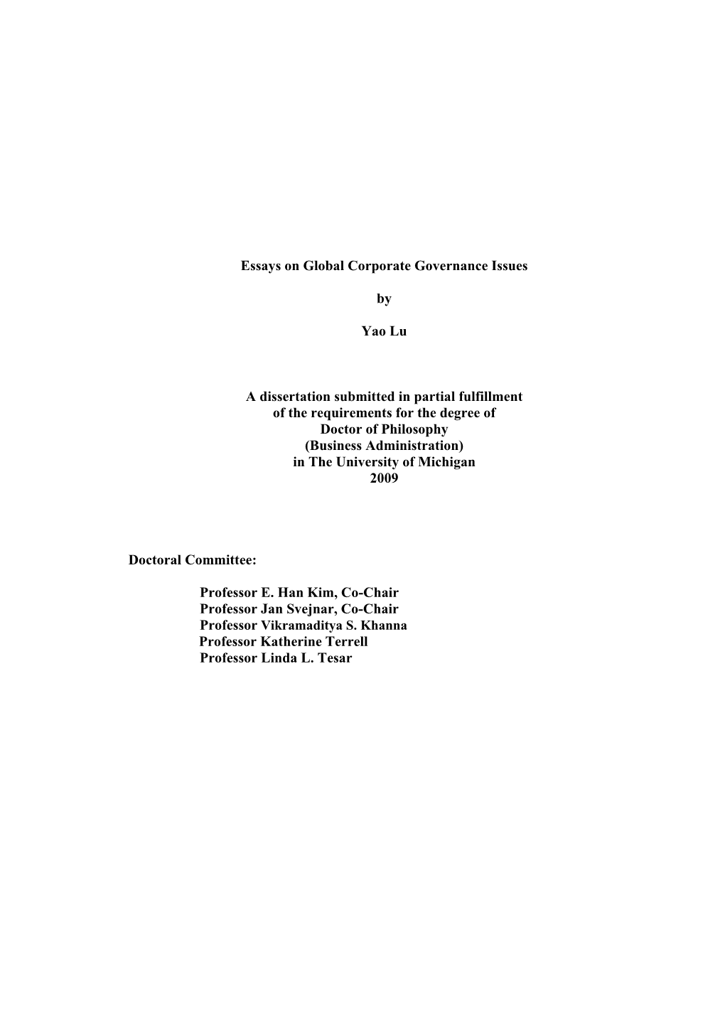 Essays on Global Corporate Governance Issues by Yao Lu A