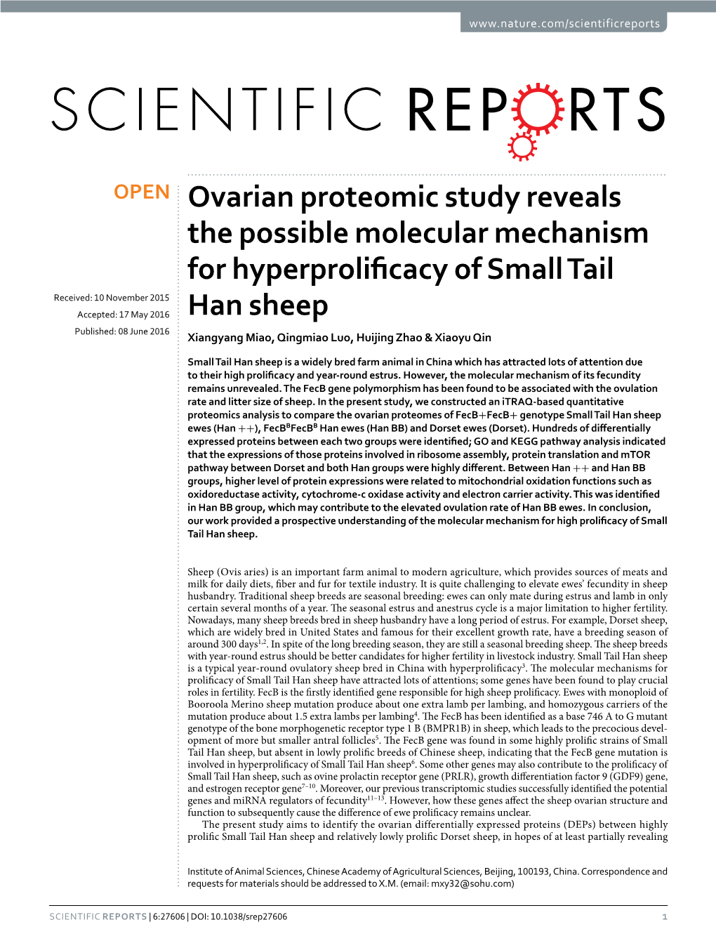Ovarian Proteomic Study Reveals the Possible Molecular Mechanism For