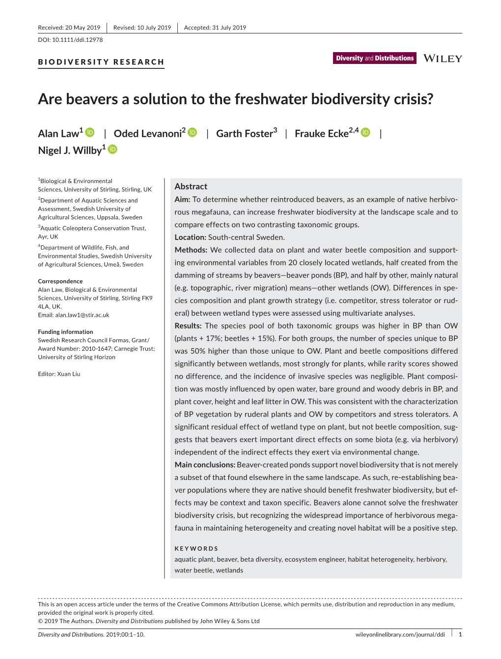 Are Beavers a Solution to the Freshwater Biodiversity Crisis?