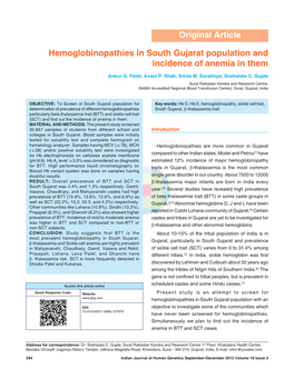 Hemoglobinopathies in South Gujarat Population and Incidence of Anemia in Them