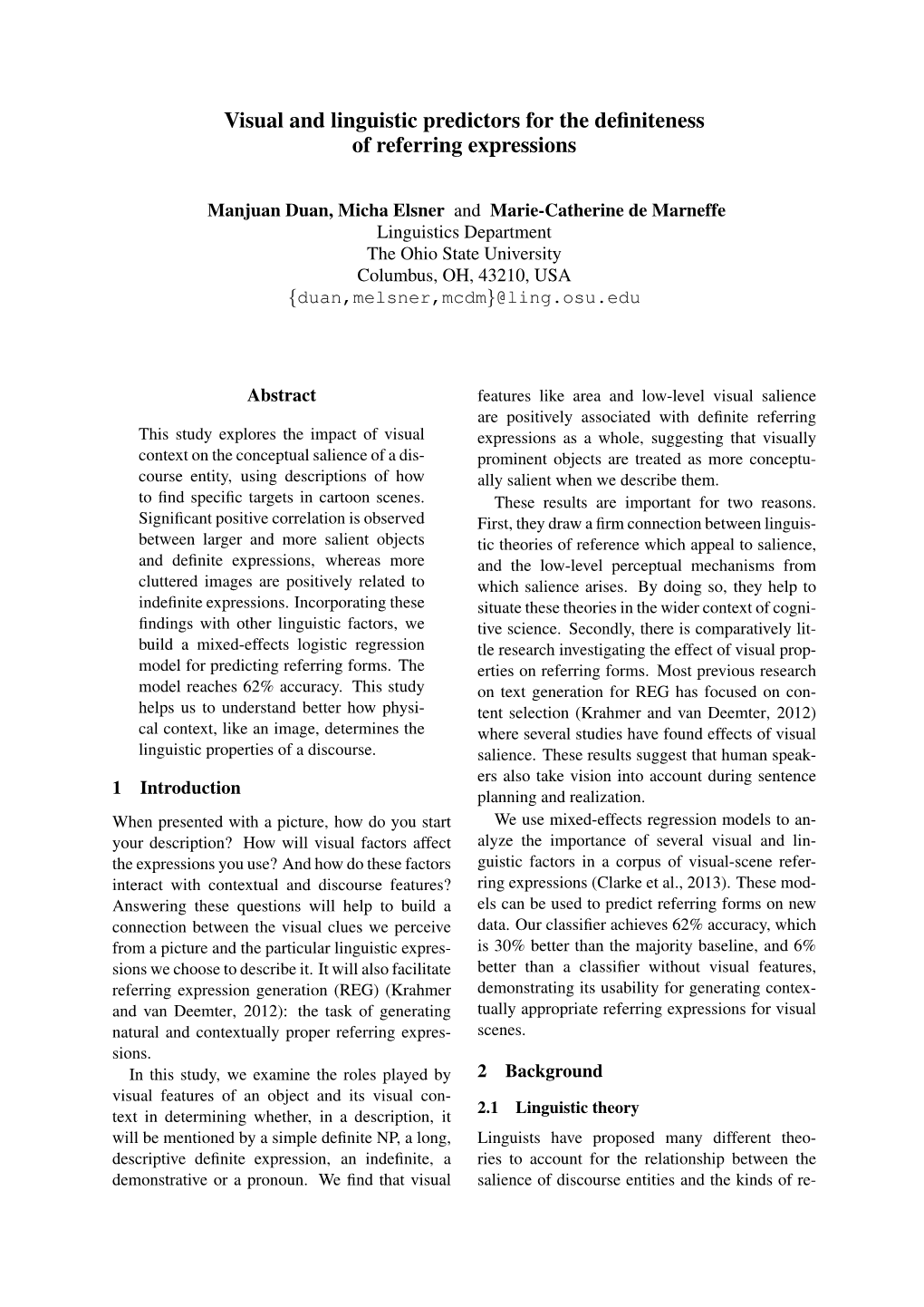 Visual and Linguistic Predictors for the Definiteness of Referring Expressions