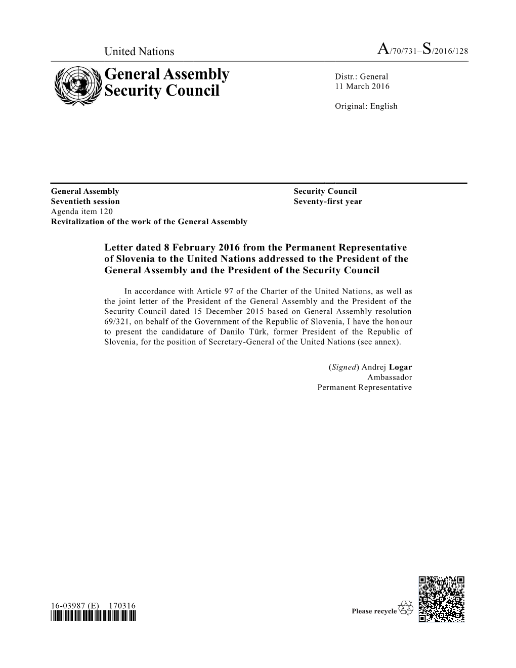 General Assembly Security Council Seventieth Session Seventy-First Year Agenda Item 120 Revitalization of the Work of the General Assembly