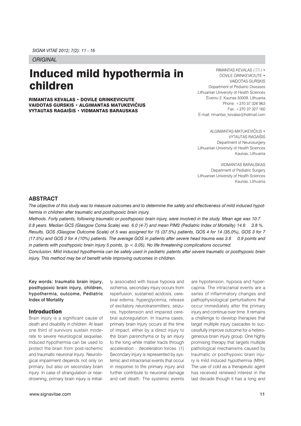 Induced Mild Hypothermia in Children