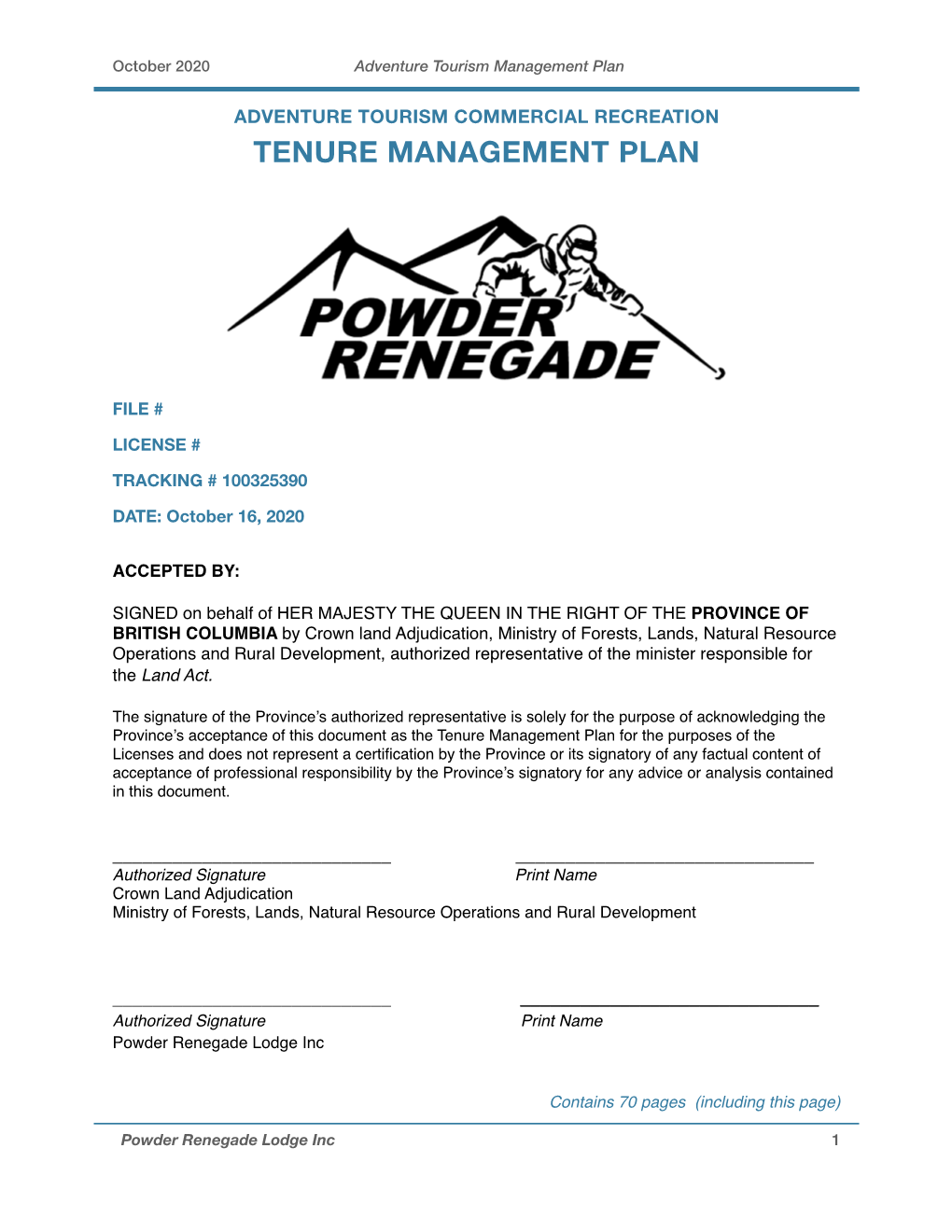 Powder Renegade Management Plan OCT 2020
