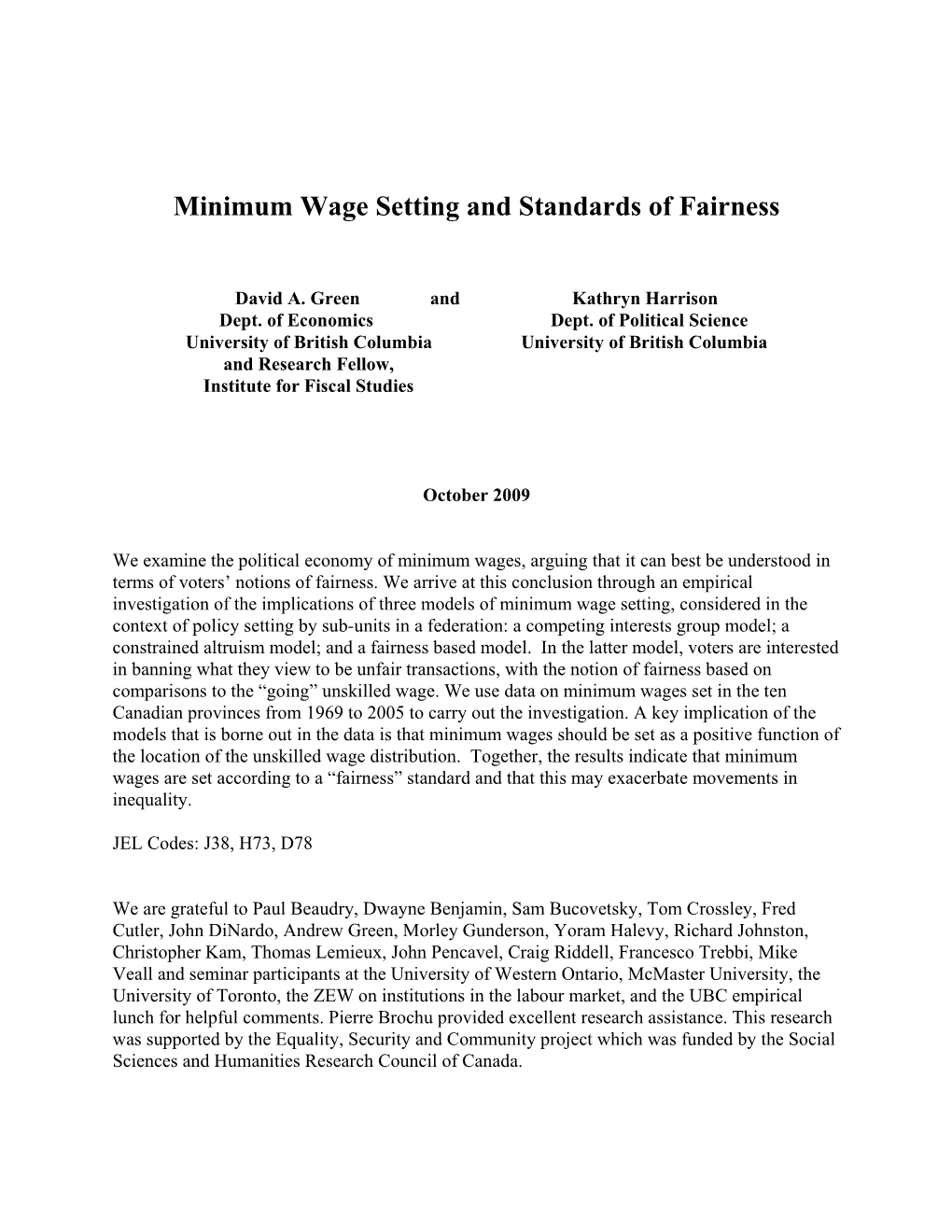 Minimum Wage Setting and Standards of Fairness