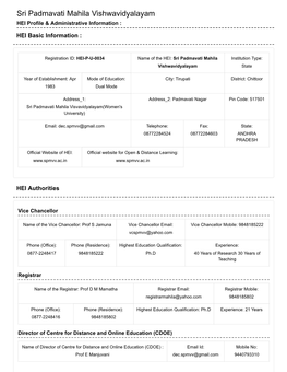 Sri Padmavati Mahila Vishwavidyalayam HEI Profile & Administrative Information