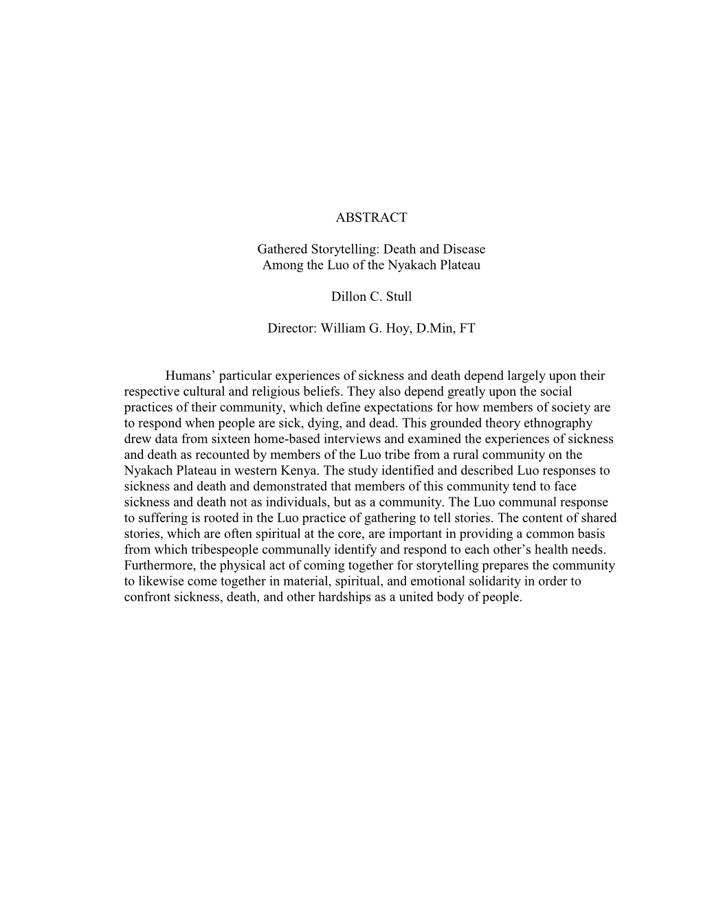 Death and Disease Among the Luo of the Nyakach Plateau Dillon C. Stull